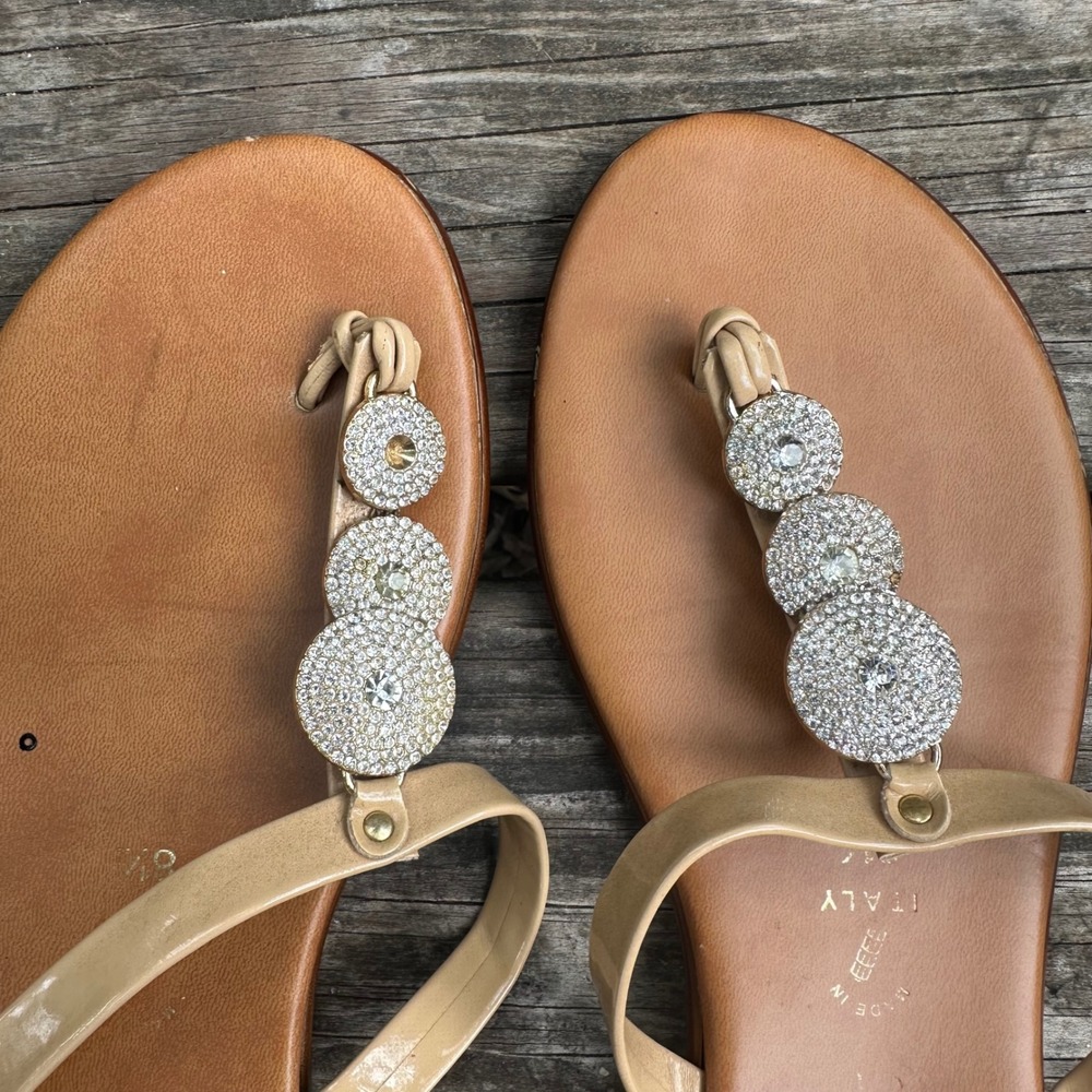 Toscanella Italian Tan Leather Rhinestone Flat Thong Sandals Brown Sz 8.5 Resort - Picture 5 of 6